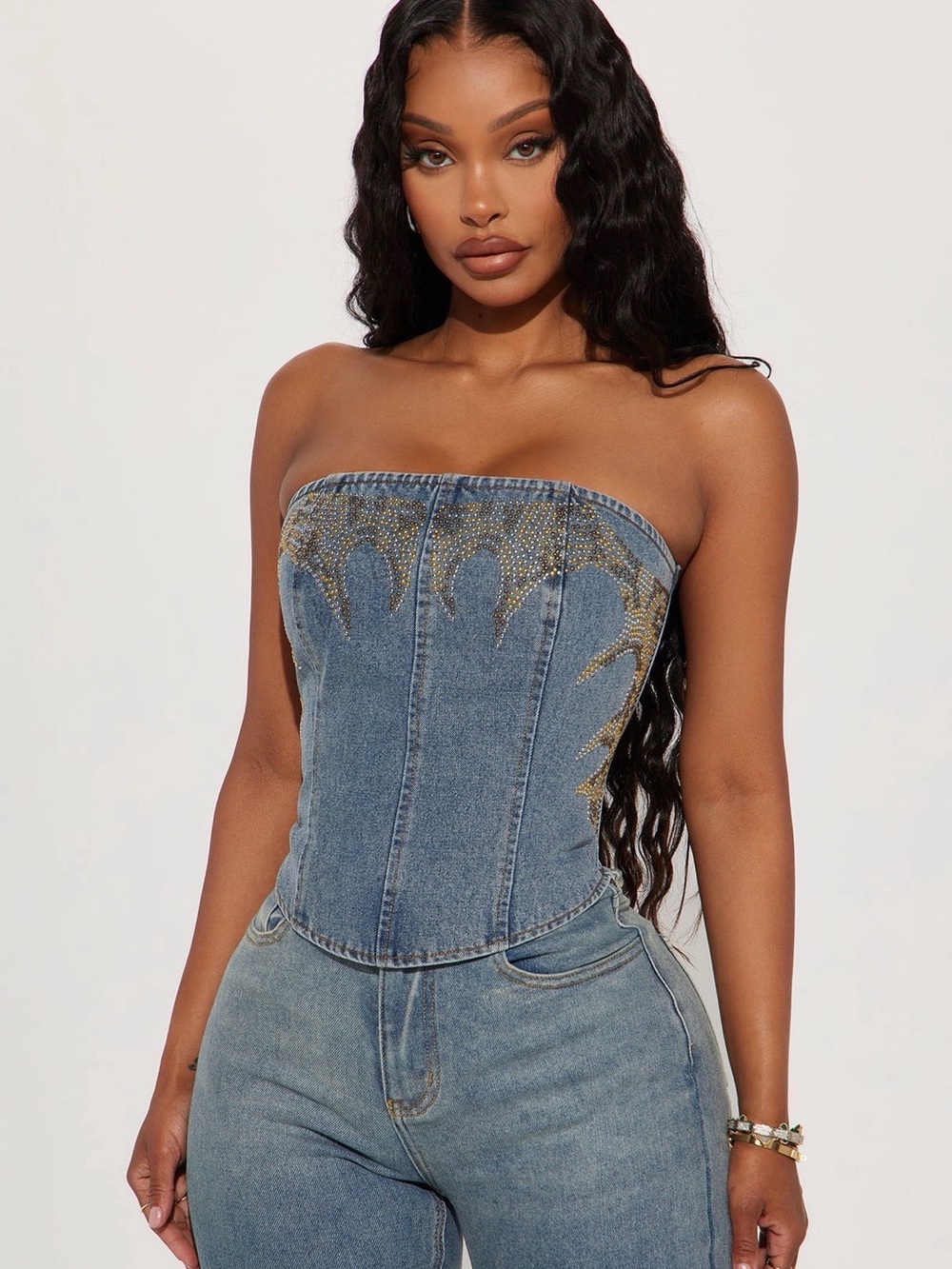 Fashion Nova Blue Denim Strapless Corset Top with Gold Embellishment
